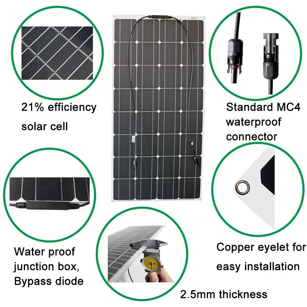 Flexible solar panel 100W18V monocrystalline silicon bendable suitable for boats, RVs, cabins, trucks, cars, uneven surfaces