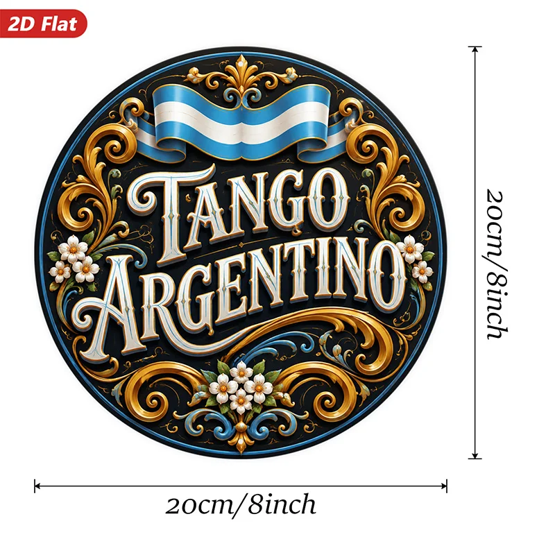 2D Flat, 1pc Tango Argentina Round Metal Sign Wall Art, Blue And White Ribbon, Ornate Golden Flourishes, Suitable for Studio Din