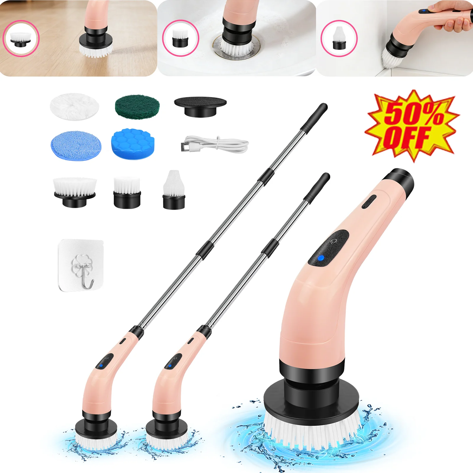 Nettoyeur-sécheur rotatif et télescopique rechargeable avec 7 brosses interchangeables, 2 vitesses réglables, adapté au nettoyage des salles de bain, des cuisines, des sols de jardin, des tapis et des voitures
