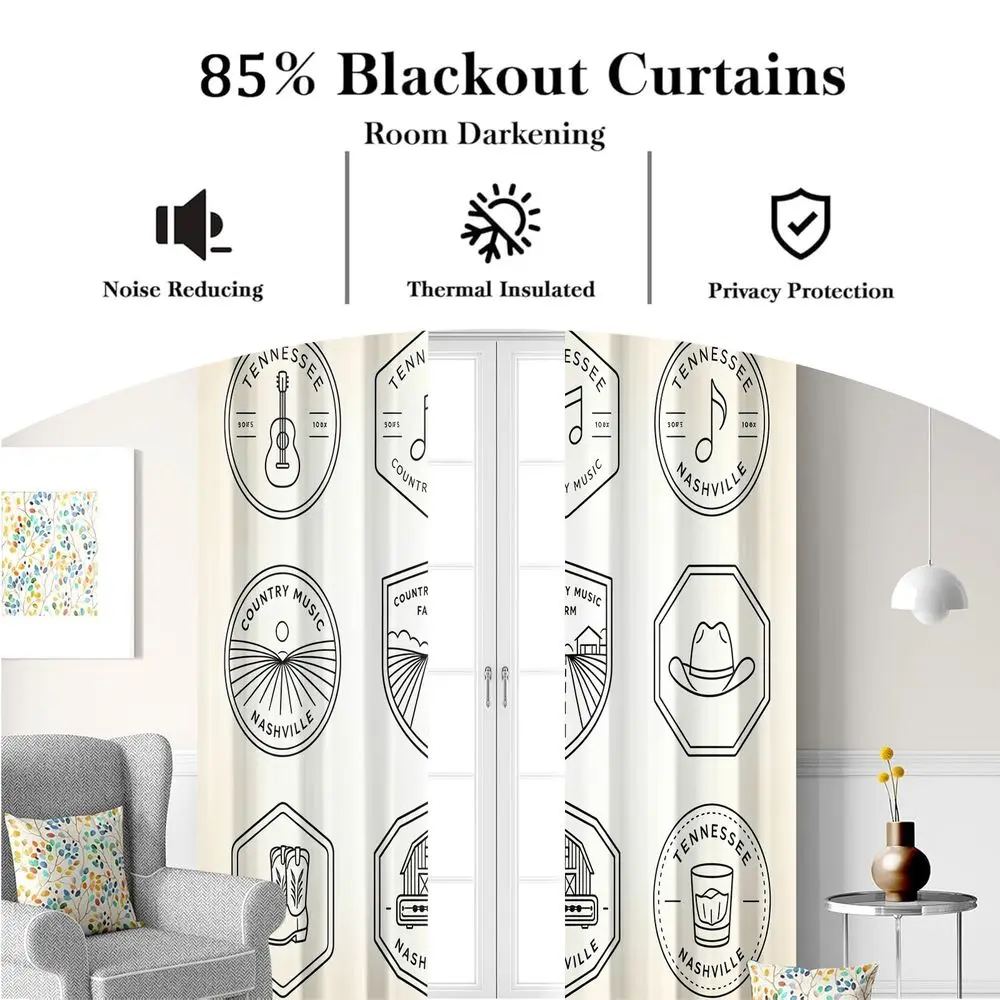 Tennessee Country Music Theme Curtains, Nashville Aesthetic Black and White Line Art Print Drapes, Modern Decorative Curtains view 5