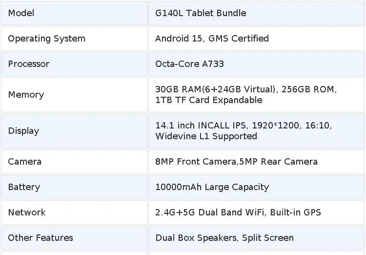 14.1 inch G140L Tablet PC Bundle Android 15, 30GB (6+24G Virtual) RAM+256GB Storage, A733 Octa Core,1920*1200 IPS Screen,10000mAh Battery, Dual Band WiFi, GPS, Full Accessories Kit for Entertainment