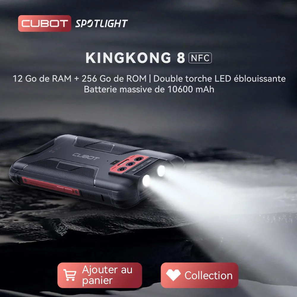 Cubot KingKong 8, robuste telephone smartphone Android 13, 12 Go de RAM (6 Go + 6 Go tendus), 256 Go de ROM, batterie 10600 mAh, cran 6,528 pouces, appareil photo 48 MP, 4G, NFC, ajouter au panier