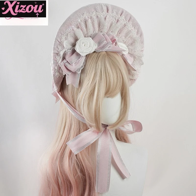 

Original Handmade Kawaii Sweet Pink Lolita Lace Bonnet BNT Hat girl Rose Pearl Bow Hairpin Headband KC Hair Accessories Womens