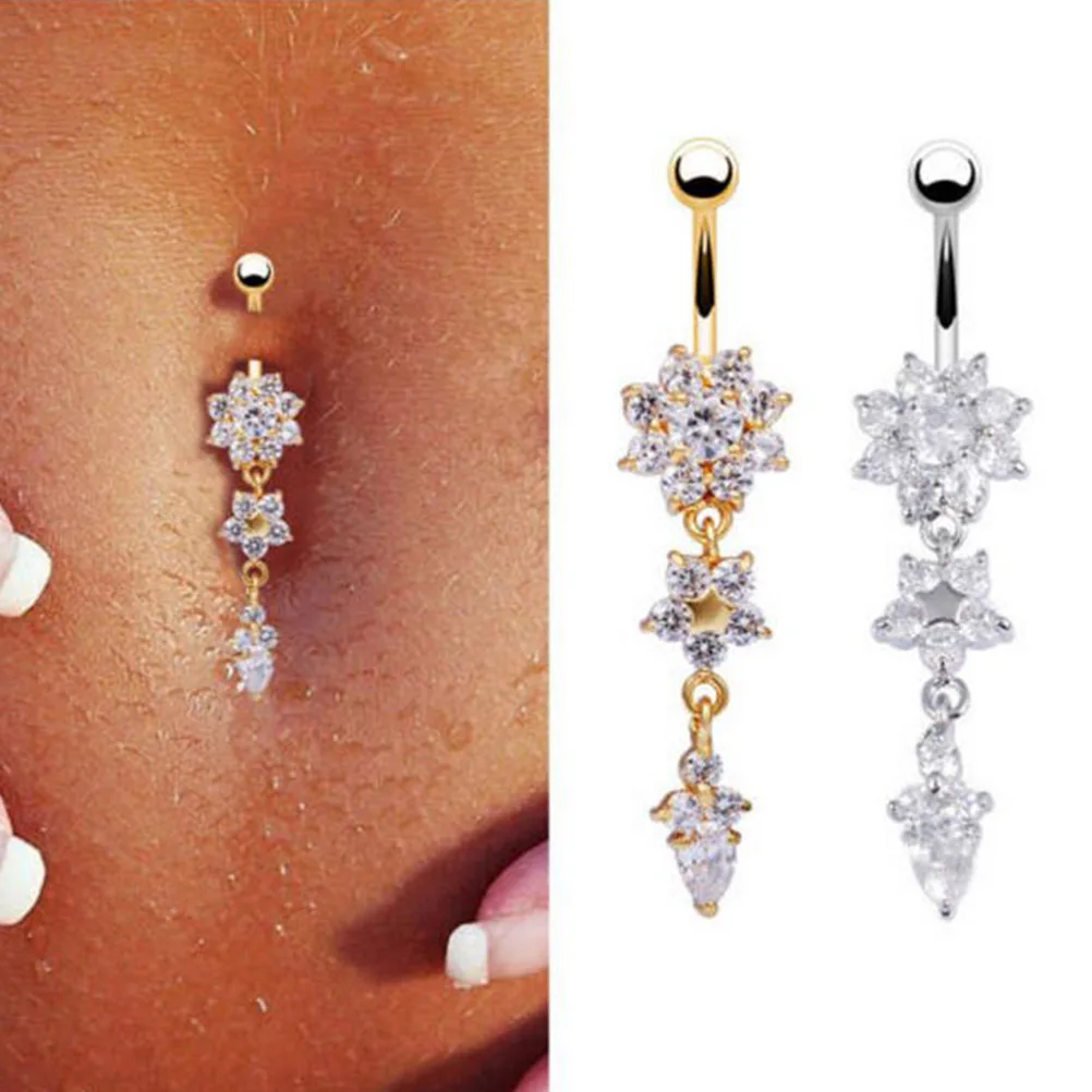 2 pezzi anelli per piercing all'ombelico pendente a forma di fiore a goccia ciondola elegante anello per ombelico gioielli per il corpo gioielli per piercing al corpo in oro bianco