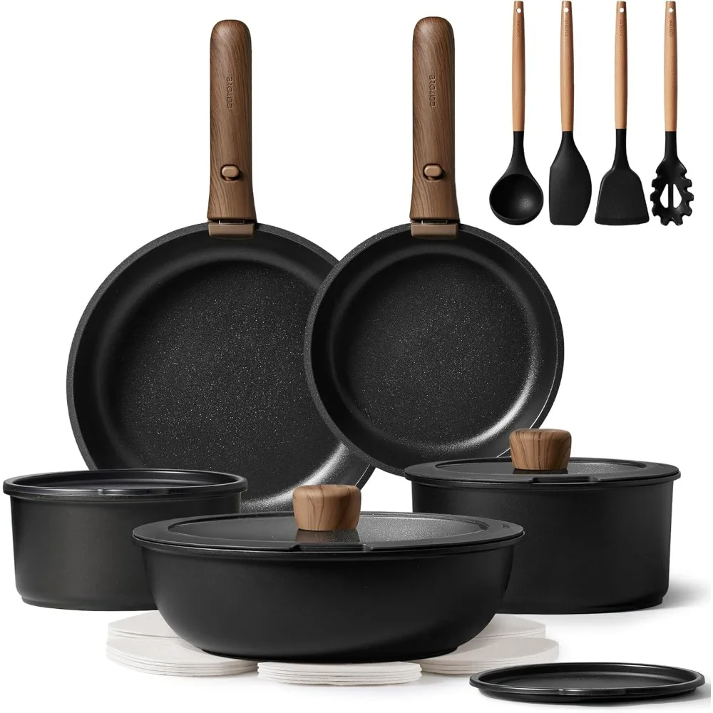 

19-Piece Non-Stick Cookware Set with Detachable Handle, Induction Compatible, Oven/Dishwasher/Fridge Safe, Space-Saving