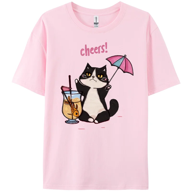 

Y2K,Cheers Cat Print TShirt,Summer Casual T-shirts, Berserk Women Short T-shirts, Short Sleeve,100%Cotton,Cartoon, Holiday wear