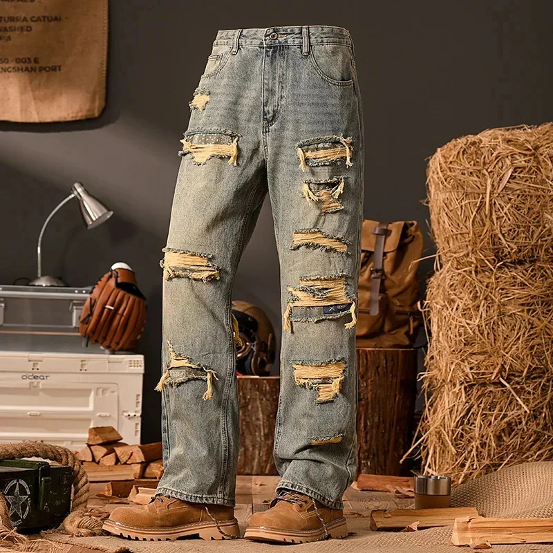 

2026 Весенне-летние свободные прямые джинсы для пирсинга в стиле ретро для мужчин, модные уличные, персонализированные, ностальгические брюки