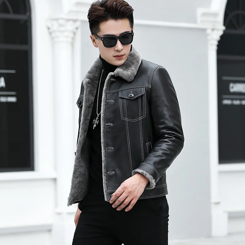 High Quality New Men Genuine Leather Coat Sheepskin Men's Short Winter Jackets Mens Shearling Jacket 4XL