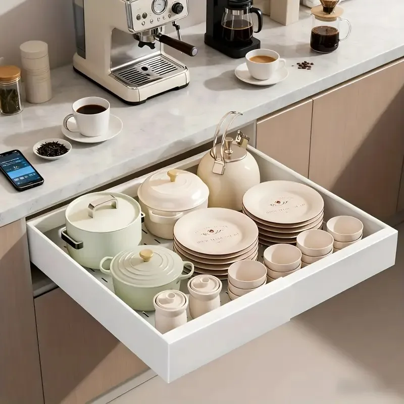 Heavy-duty expandable pull-out cabinet organizer with 3-track system and silent slides, suitable for kitchen cabinets and pantry