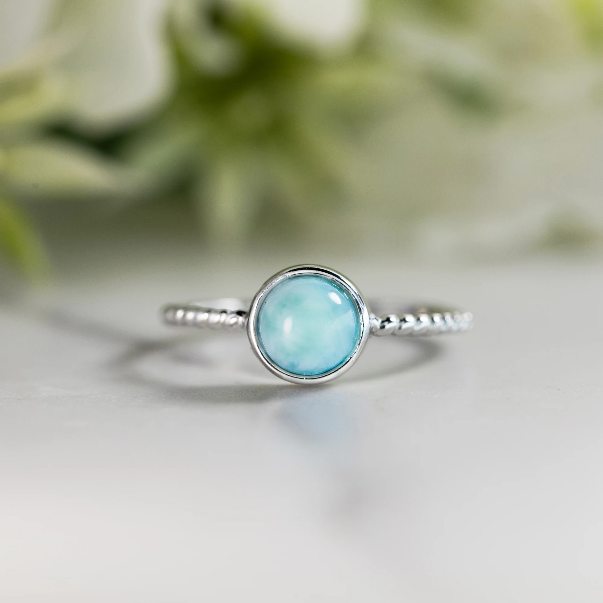 

Minimalist Copper Natural Larimar Open Adjustable Ring Simple Round Cut Blue Stone Solitaire Rings For Women Engagement Jewelry