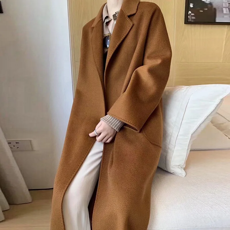 

Luxury High Quality Water Ripple Double-sided Cashmere Coat Women Bathrobe New Lapel Lace-up Wool Coat Long Tide Autumn Winter