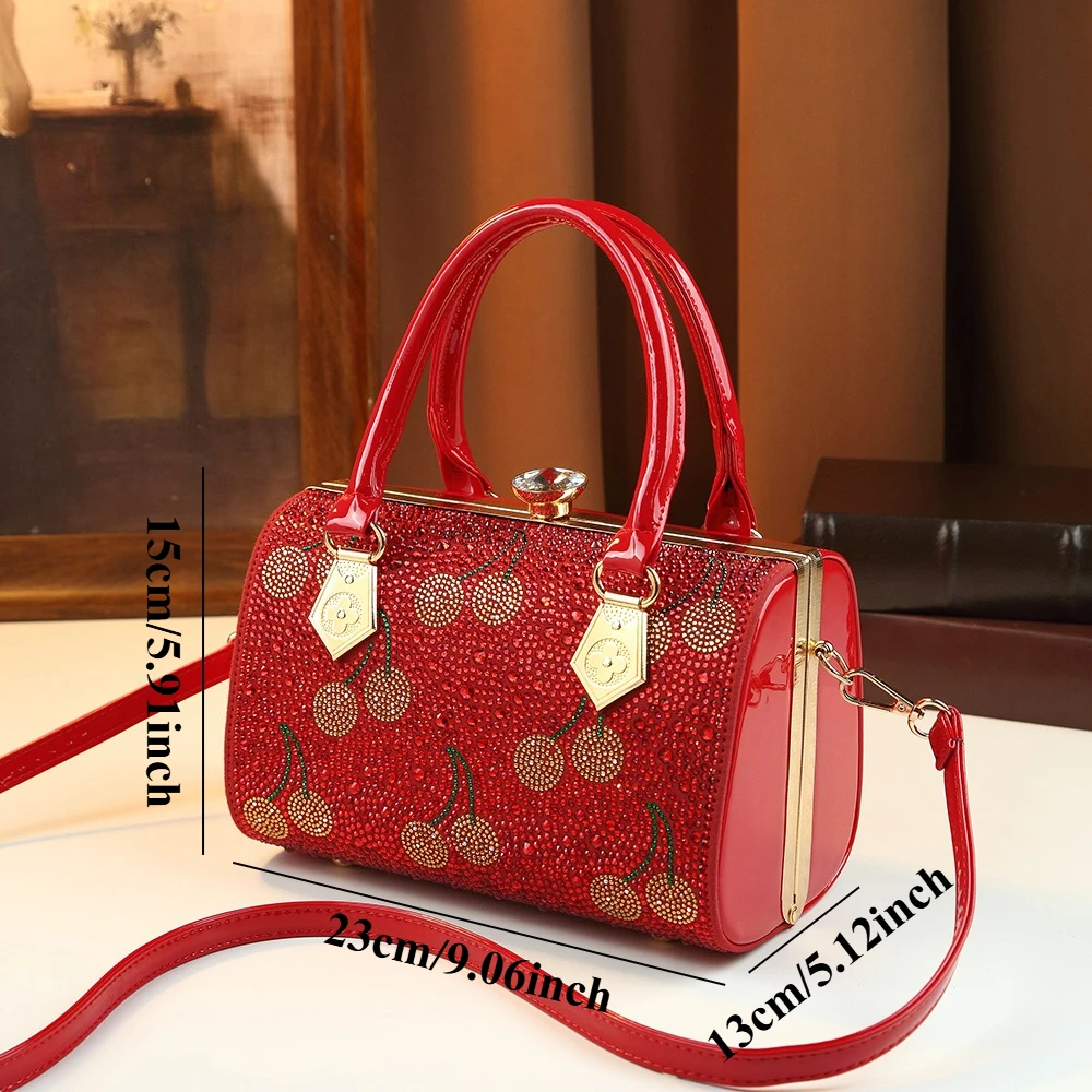 Bling Rhinestone Cherry Handbag Shiny Crystal Evening Clutch Cylinder Box Purse Sparkly Party Shoulder Crossbody Bag Gift