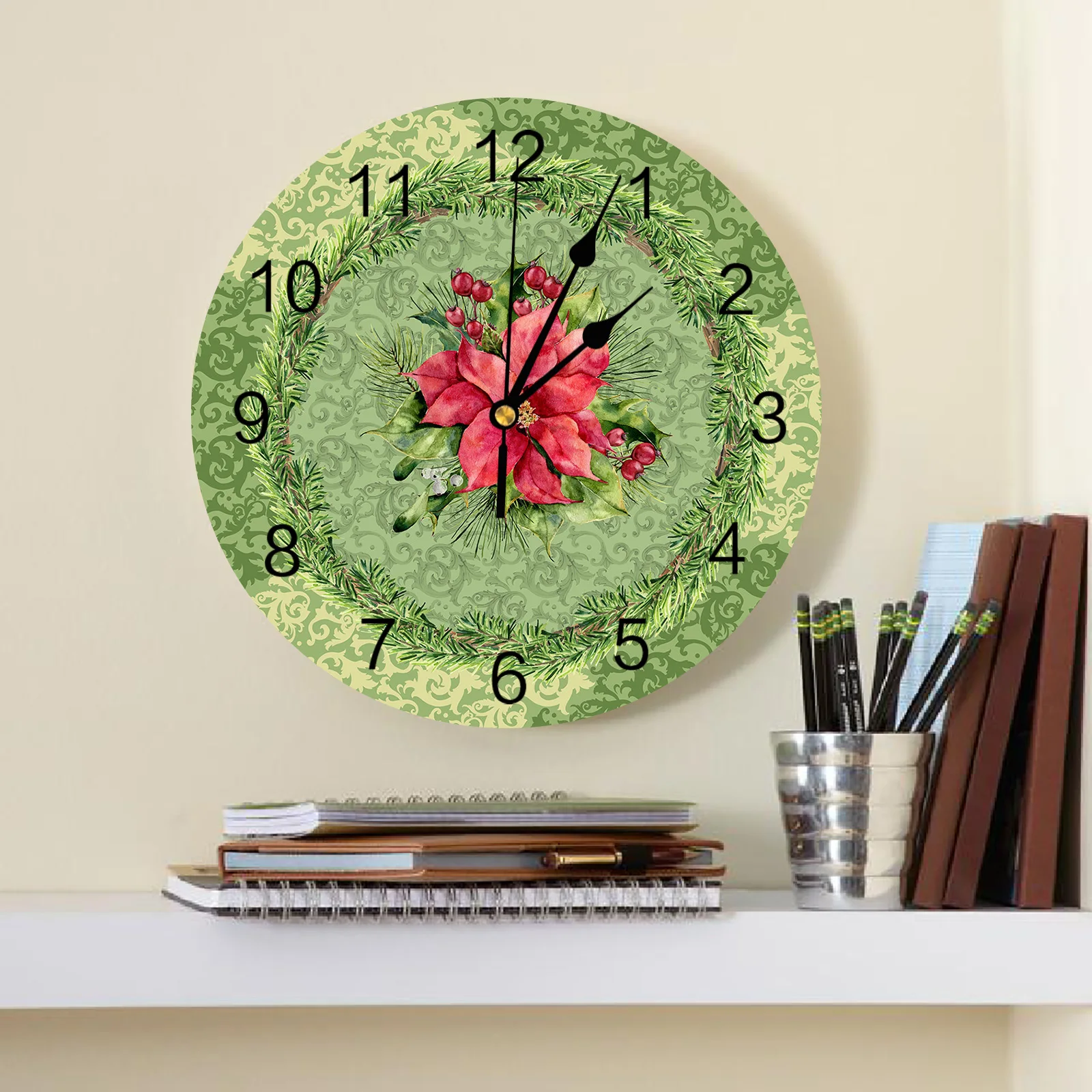 Winter Christmas Vintage Green Poinsettia Round Wall Clocks Desktop Digital Clock Non-ticking Creative Childrens Room Wall Watch