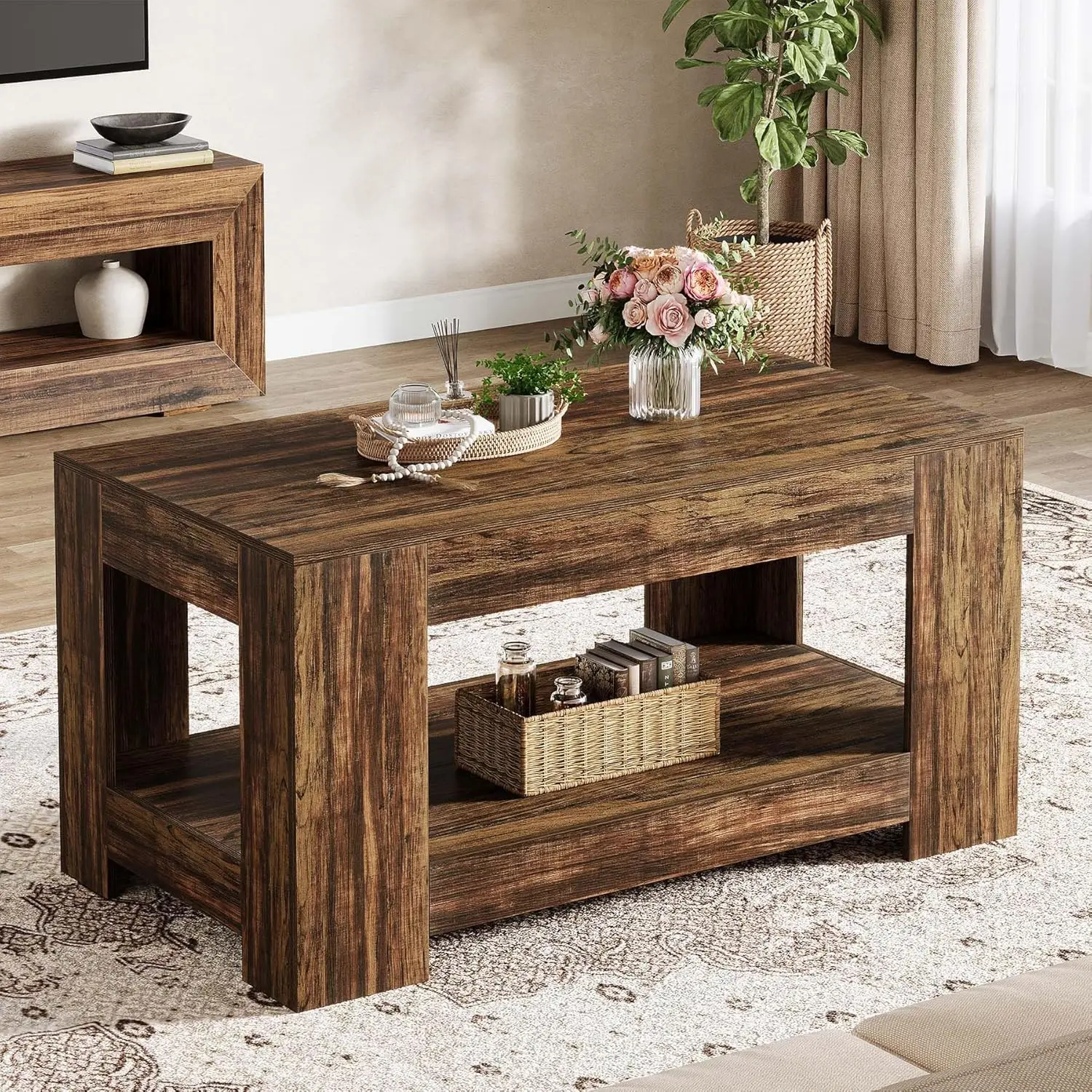 

Coffee Tables, 2-Tier Rustic Simple Center Table with Storage for Living Room, Dark Brown, Easy Assembly
