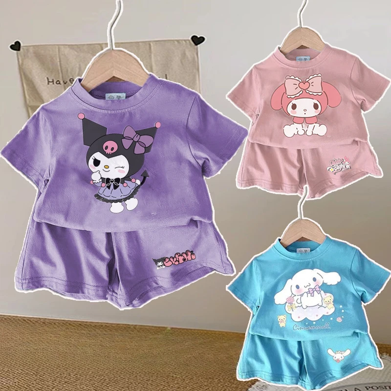 Sanrio 2024 New Kids Short Sleeve Suit Cartoon anime Girls Boys Set Summer Tops +short Baby Clothes Children's Wear