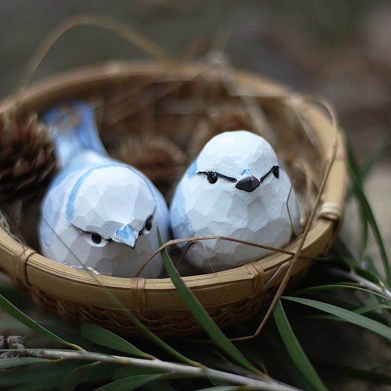 Hand-Carved Grey-Blue Tit Bird Model Solid Wood Azure Tit Bird Crafts Desktop Ornament Home Decor