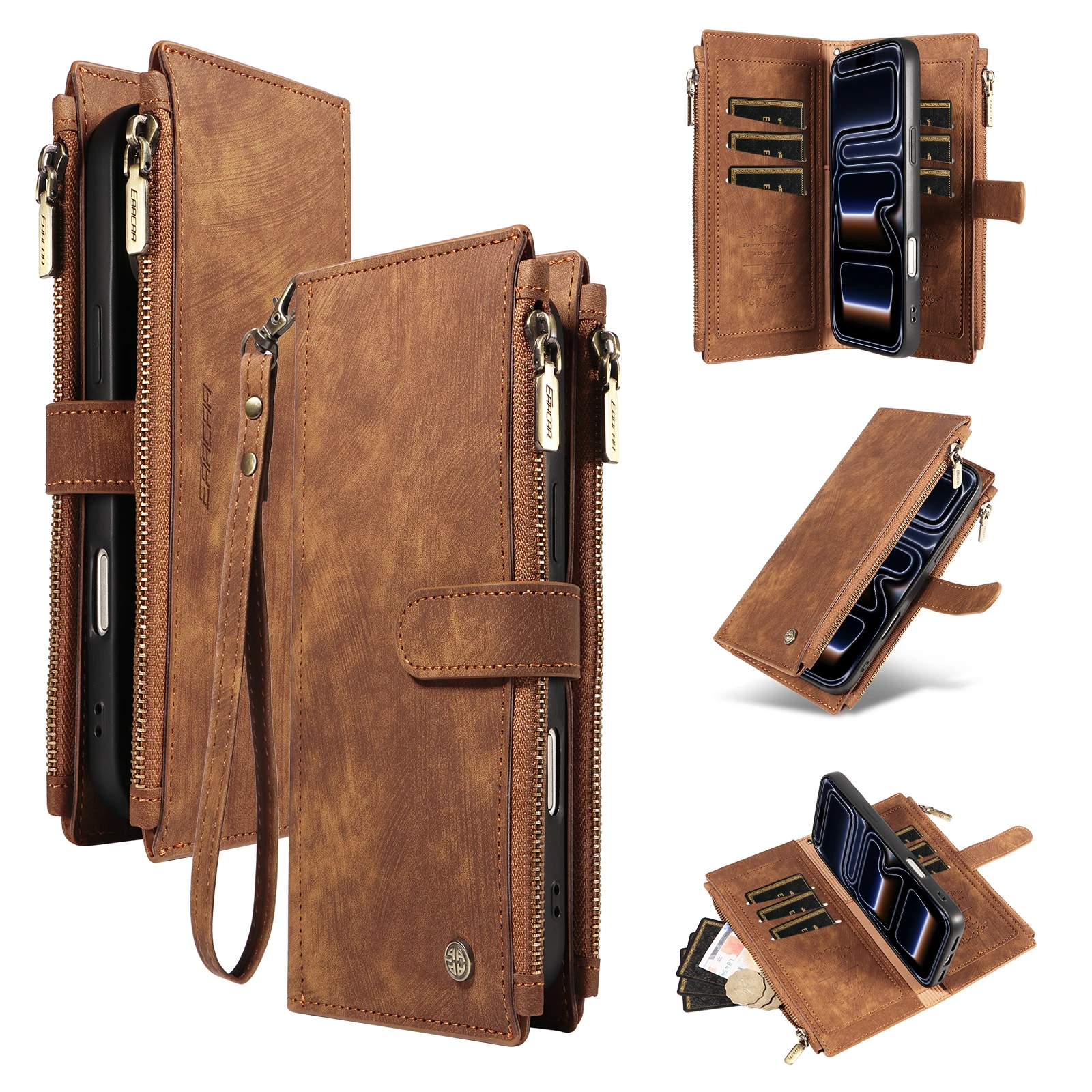 PU-Leder Handyhülle für iPhone 13 12 11 8 7 6 X XS XR Pro ProMax Plus Brieftaschen-Cover mit Schlaufe Doppelreißverschluss Magnetisch Stoßfest