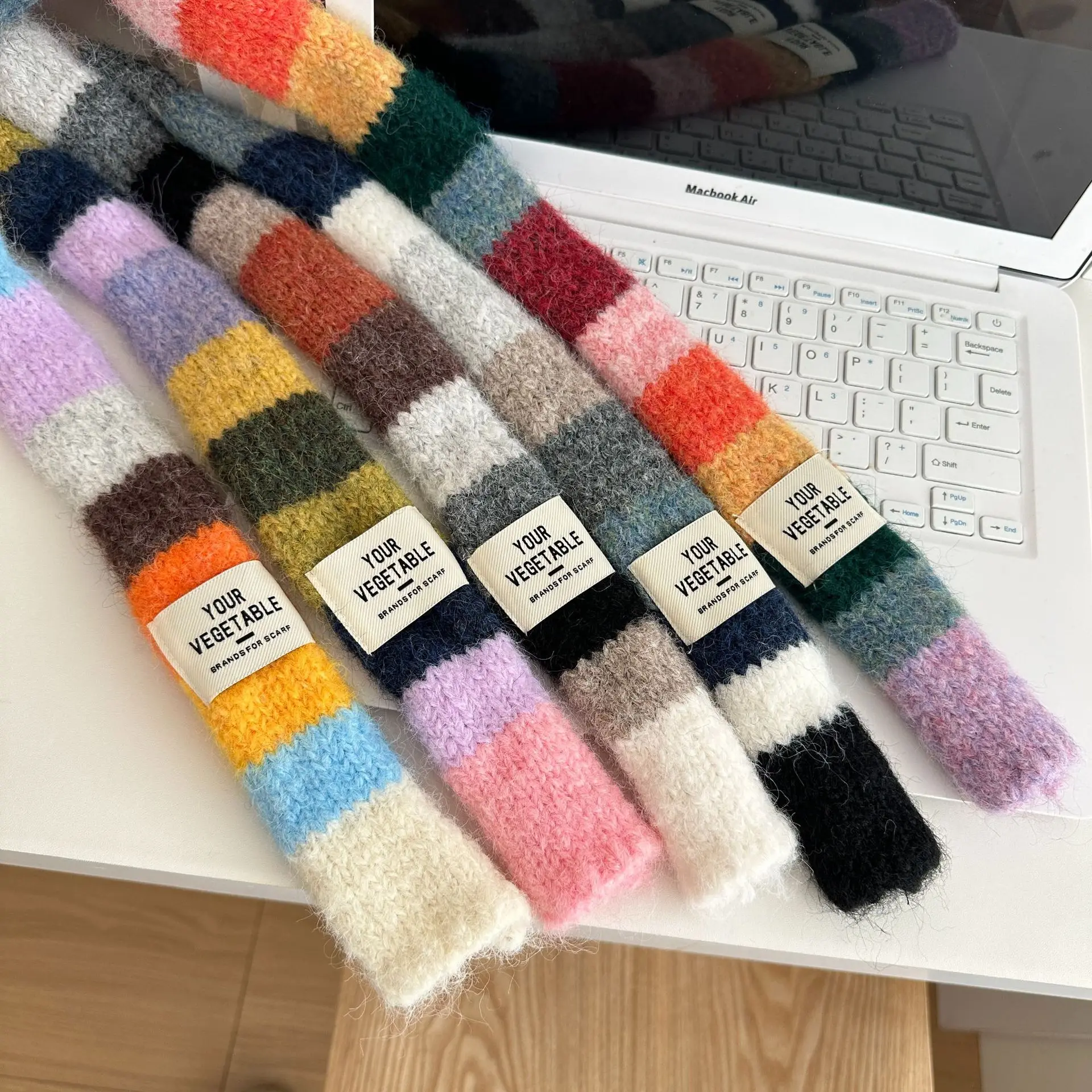 Korean Y2K Striped Scarf Knitted Wool with Colorful Splicing Contrast Long Narrow Scarves Sausage Thin Scarf Winter Scarves Wrap image 4