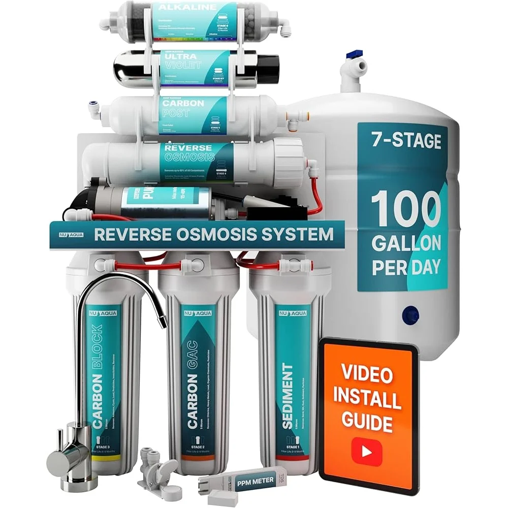 7-مرحلة القلوية الأشعة فوق البنفسجية تحت المغسلة نظام تصفية المياه بالتناضح العكسي 100 GPD مضخة معززة الترشيح صنبور جزء في المليون متر وشملت