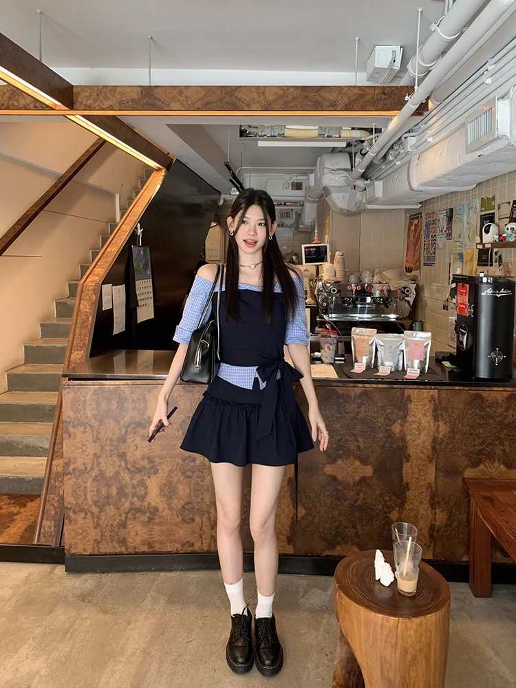 

Lumoder Women's Midi Skirt Summer New Sle Pleated A-Line Skirt k Blue Elastic Waist Belted Casual Polyester Blend