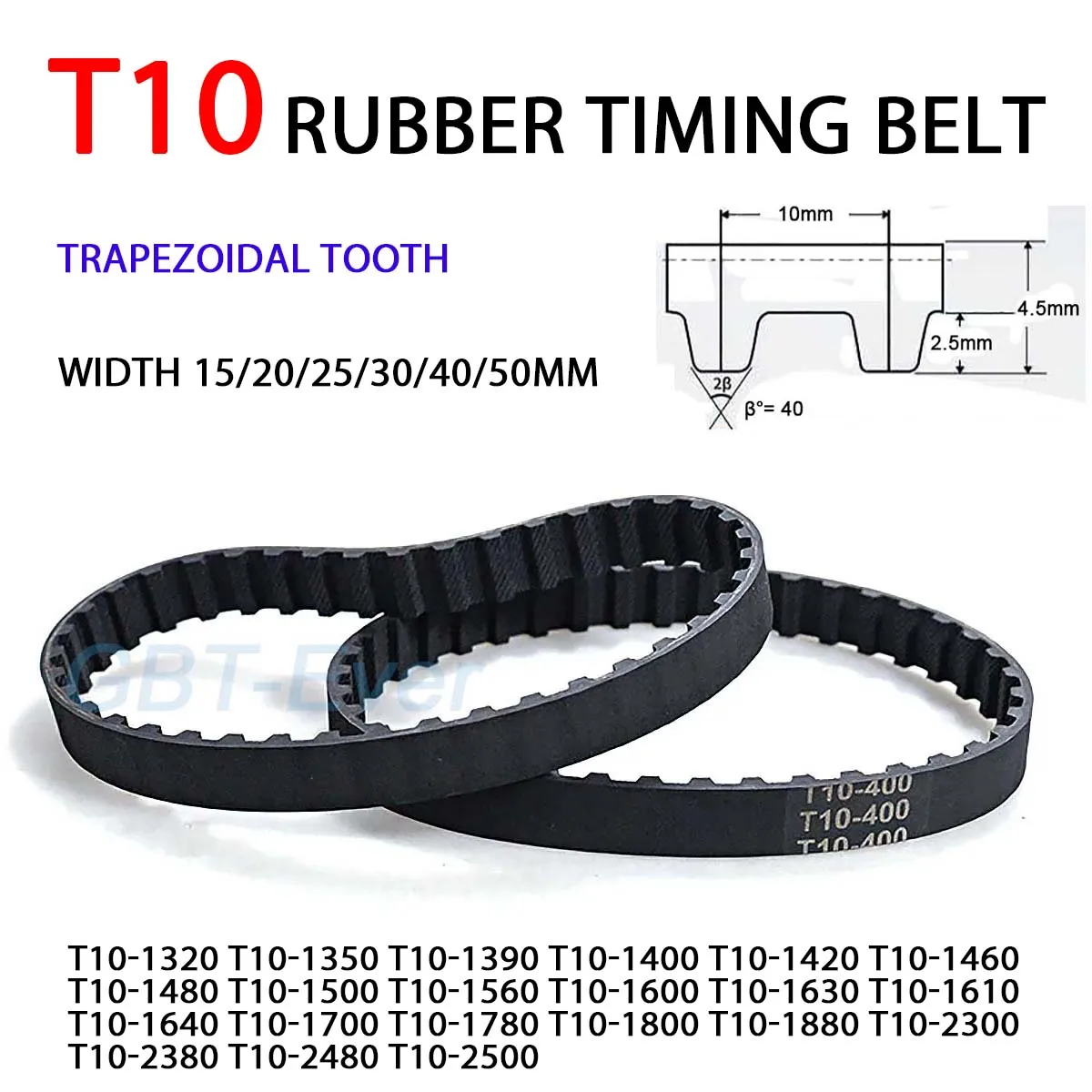 

1Pcs T10 Rubber Timing Belt Width 15/20/25/30/40/50mm Perimeter 1320/1350/1390/1400/1420~ 2500mm Closed Loop Synchronous Belt