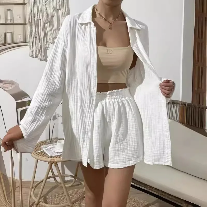 

European American Women's Clothing Spring Summer Fashion Solid Color Long-sleeved Shirt Set Casual Loose Shorts Two-piece Set