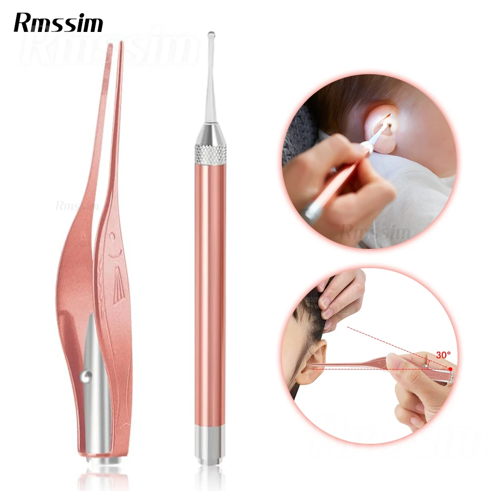 Visual Children Earpick Eer Wax Baby Ear Cleaner Spoon LED Flash Light Ear Wax Curette Picker Dig Remover Nose 2pc siliconespoon