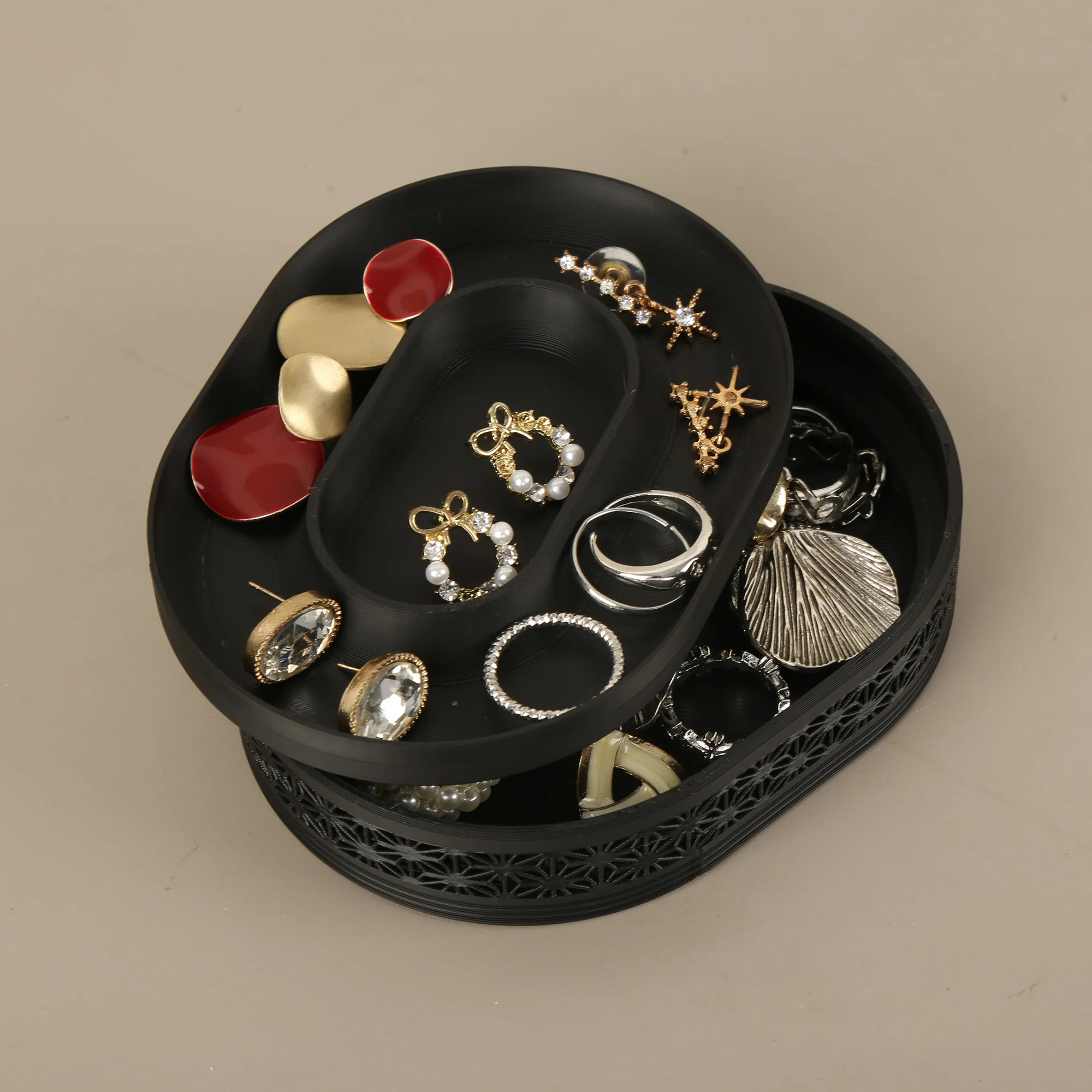 Hollow Carved 2-Layer Jewelry Storage Box, Black Plastic Oval Jewelry Organizer Tray for Rings Earrings Vanity Home Decor