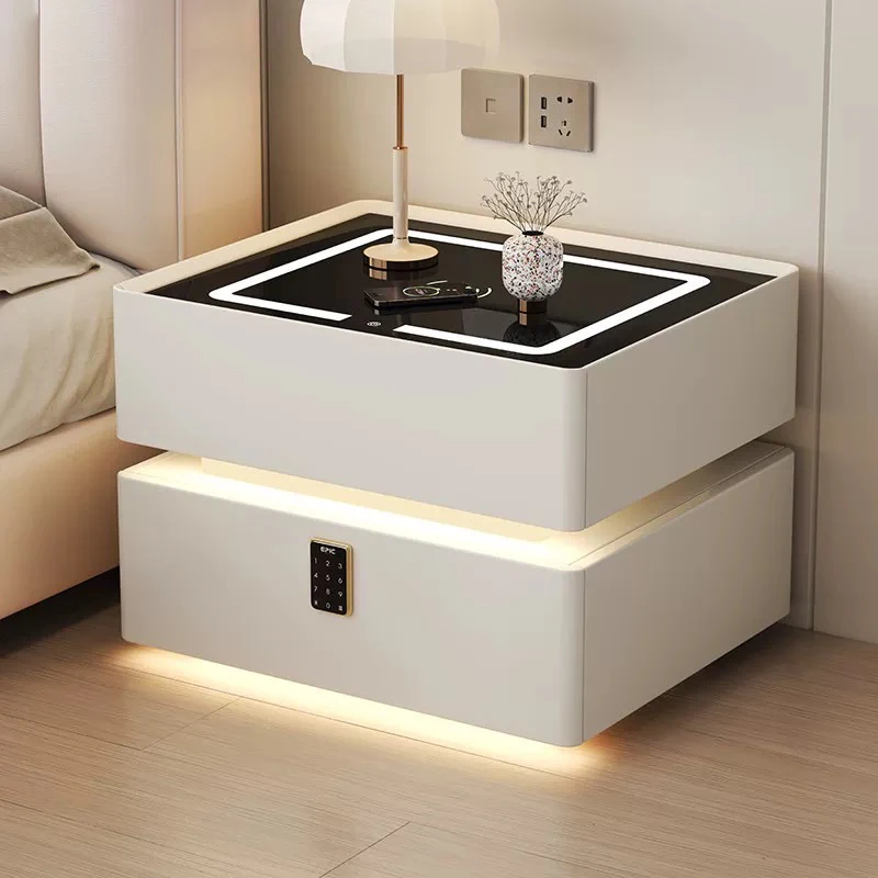 

Modern Smart Floating Luxury Bedside Table with Light Cream White Chaiging Bedside Table