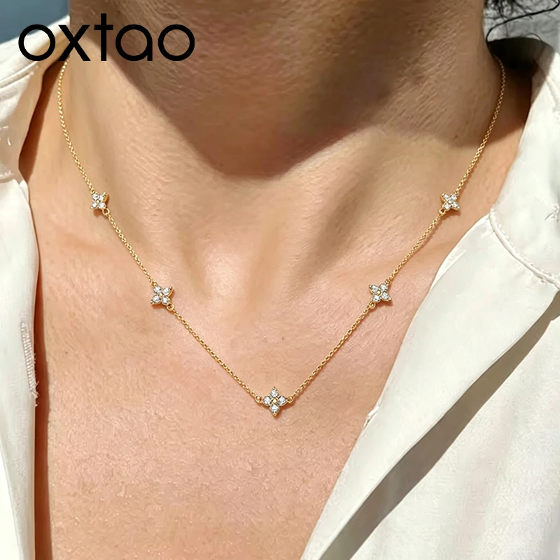 OXTAO Mini Four-Leaf Charm Necklace for Women 14K Gold Filled D VVS1 3mm Moissanite Flower Clover Necklace Luxury Jewelry Gift