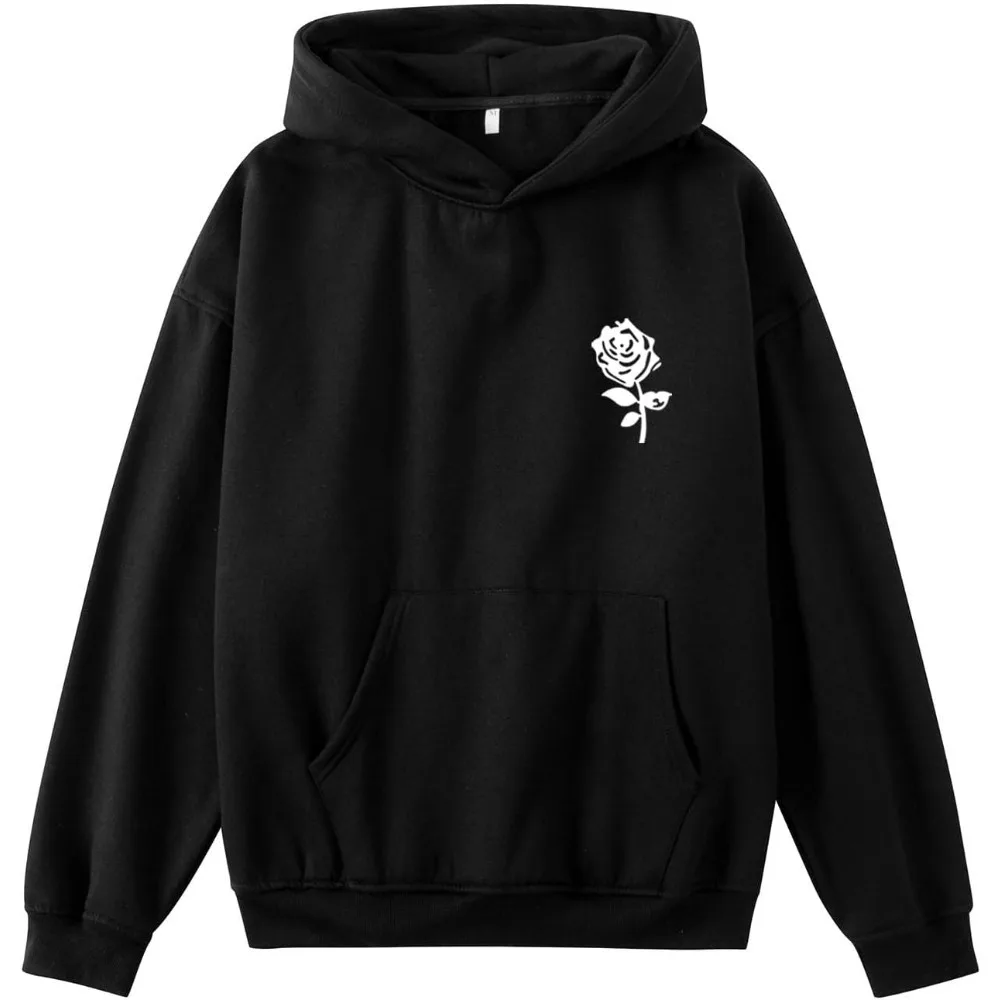 

Черный пуловер с капюшоном Tesco, рисунком белой розы и карманом-кенгуру — повседневная повседневная одежда