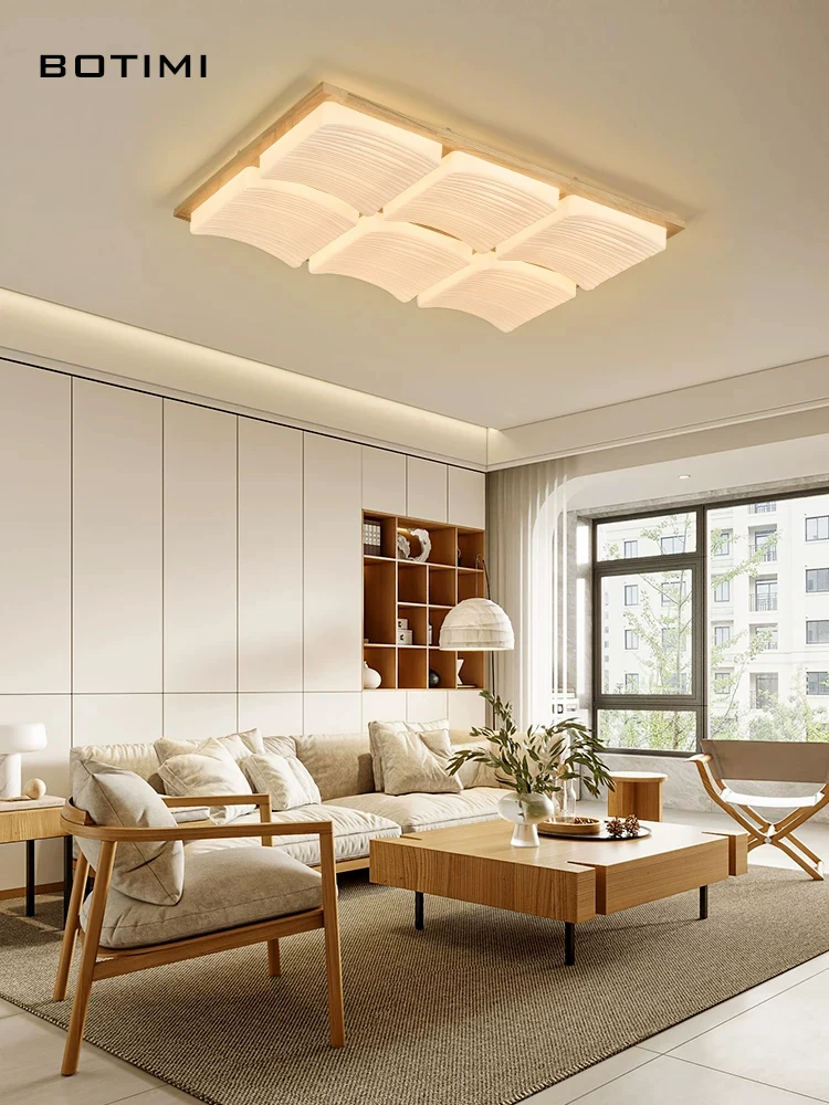 

BOTIMI Art Deco Rectangle Solid Wood LED Ceiling Light With Remote Contral For Living Room Modern Bedroom Dimmable Rooms Lamp