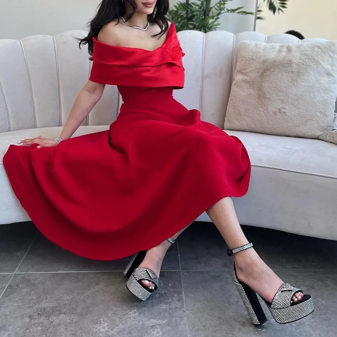 

Thinyfull Sexy Red A-Line Dresses Off The Shoulder Tea Length Evening Dress Formal Saudi Arabia Cocktail Party Gowns Plus Size