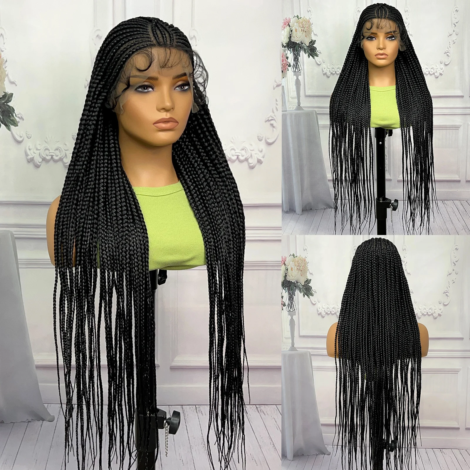 Perucas trançadas de cornrow para mulheres negras, tranças sintéticas de renda completa, peruca com cabelo de bebê, trança frontal, perucas para mulheres negras