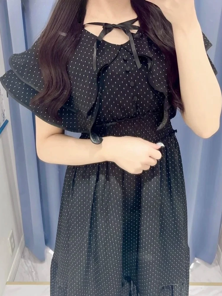 Japonês doce dupla camada lapela estilo capa vestido de renda verão novo de cintura alta magro-ajuste impresso polka-dot vestidos longos