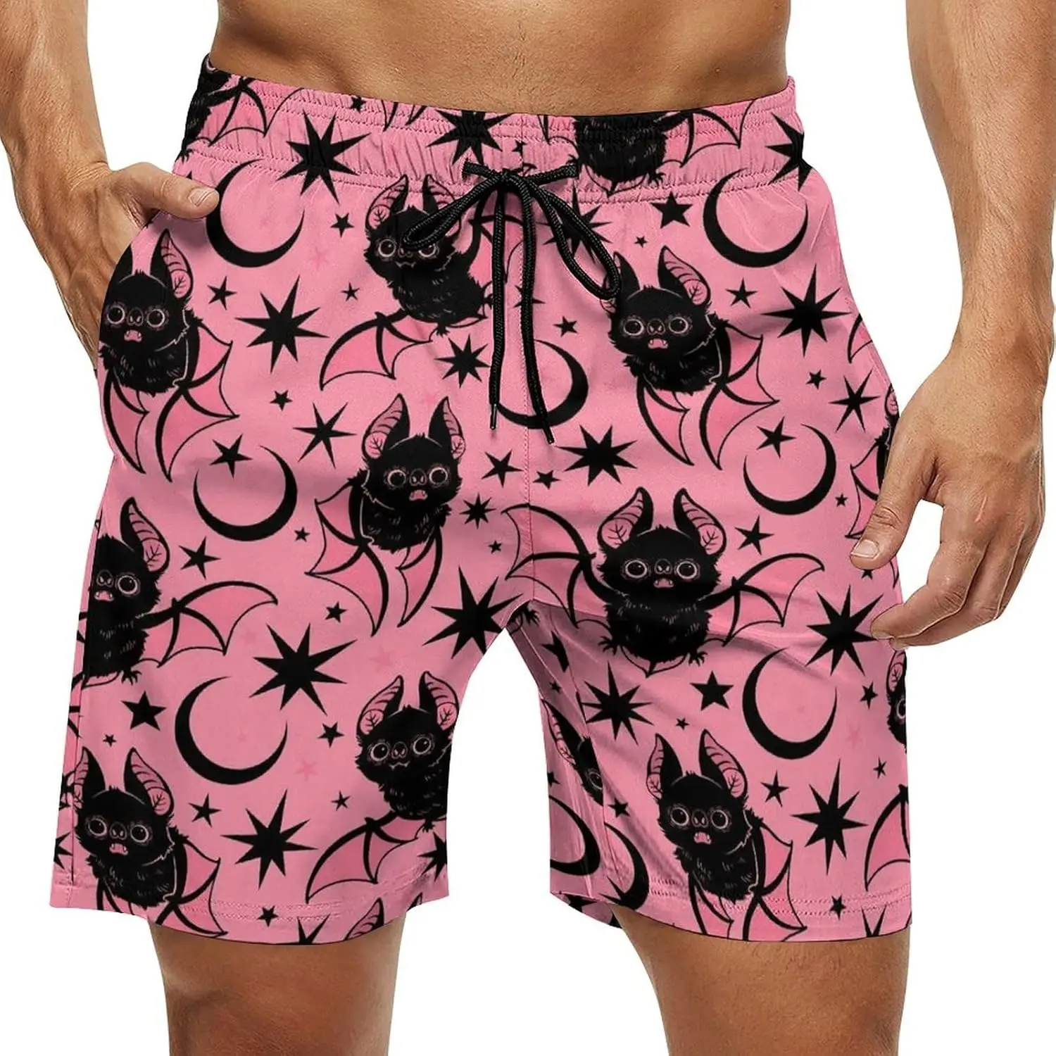 

Pink Cute Bats Moon Men Swim Shorts Swimwear Bathing Suits Swimming Trunks Beach Shorts with Pockets