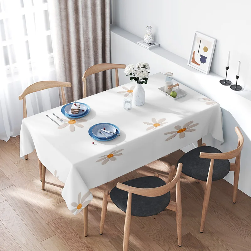 

White tablecloth with floral design, suitable for dining room decoration or wedding party use, made from eco-friendly materials.