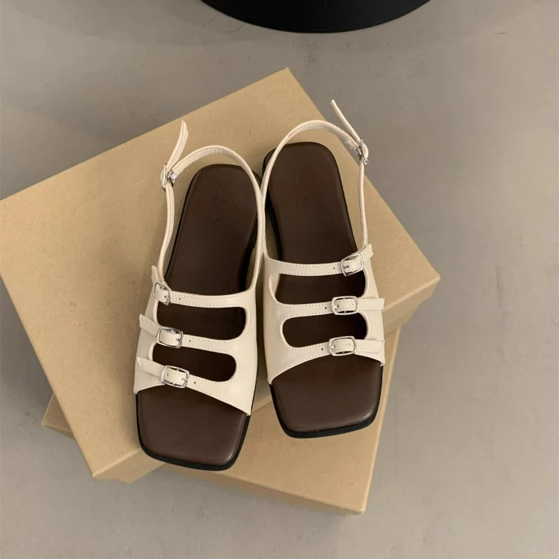 

Fashion Women Sandals Buckle Sandals Summer New Retro Outdoor Beach Shoes French Square Toe Sandals Soft Flat Women Roman Shoes
