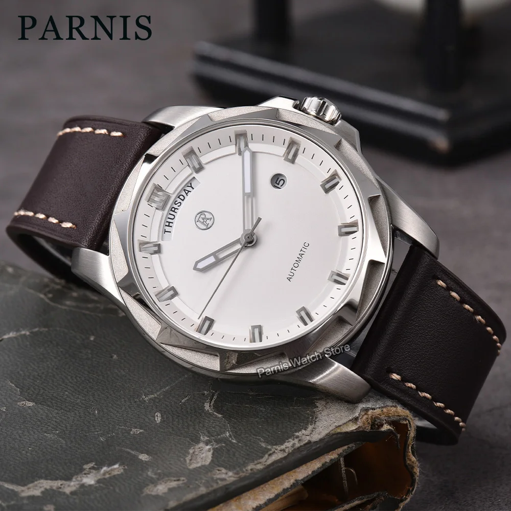Parnis 43mm White Dial Sapphire Crystal Calendar Week Display Automatic Mechanical Men Watch