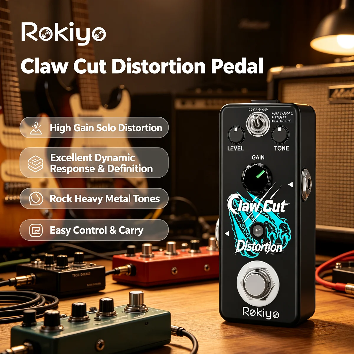Rokiyo Claw Cut Distortion Guitar Pedal High Gain Distortion Stompbox Dynamic Response Mini Metal Solo DIST Hairy 80's Synthesiz