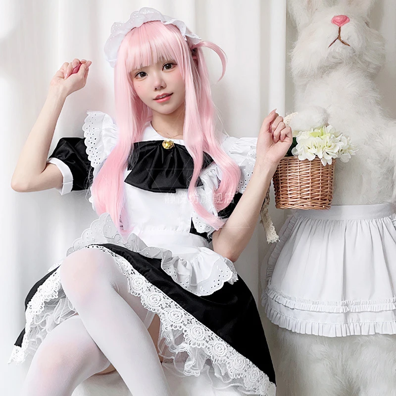 Plus Size Maid Cosplay Cat Girl Black and White Maid Outfit Lolita Princess Dress Anime Housemaid Coffee Waiter Clothing 4-piece