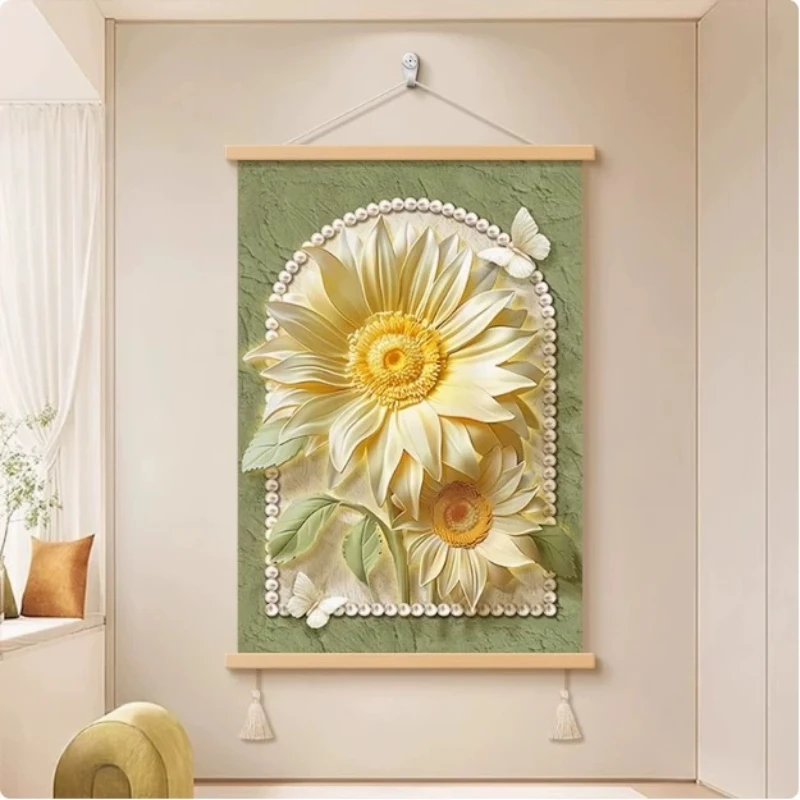 Wall Art Golden Sunflowers and Botanical Leaves Cream Style Pearlescent Canvas Hanging Scroll with Wooden Rods for Living Room