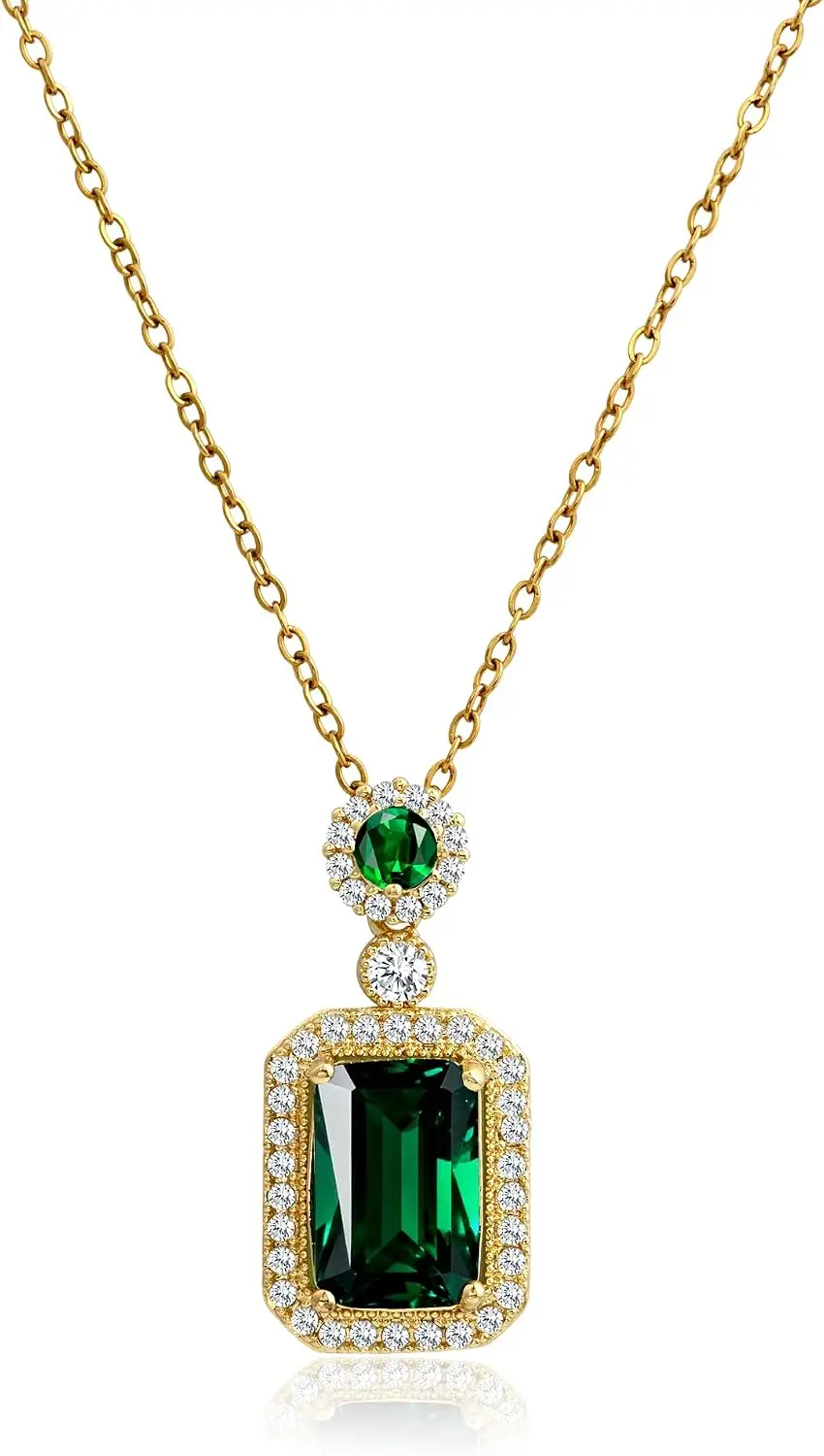 

14k Gold Plated Crystal Round and Square Pendant Necklace Birthstone Cubic Zirconia Adjustable Thin Necklace Chain for Women