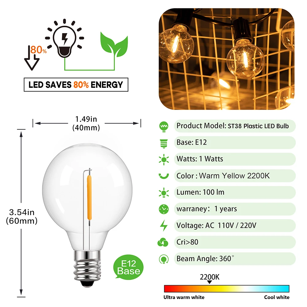 Vintage G40 Mini Plastic LED Bulb E12 110V 220V 1W Dimmable Shatterproof  Waterproof Wedding Garland Garden Decoration Led Light