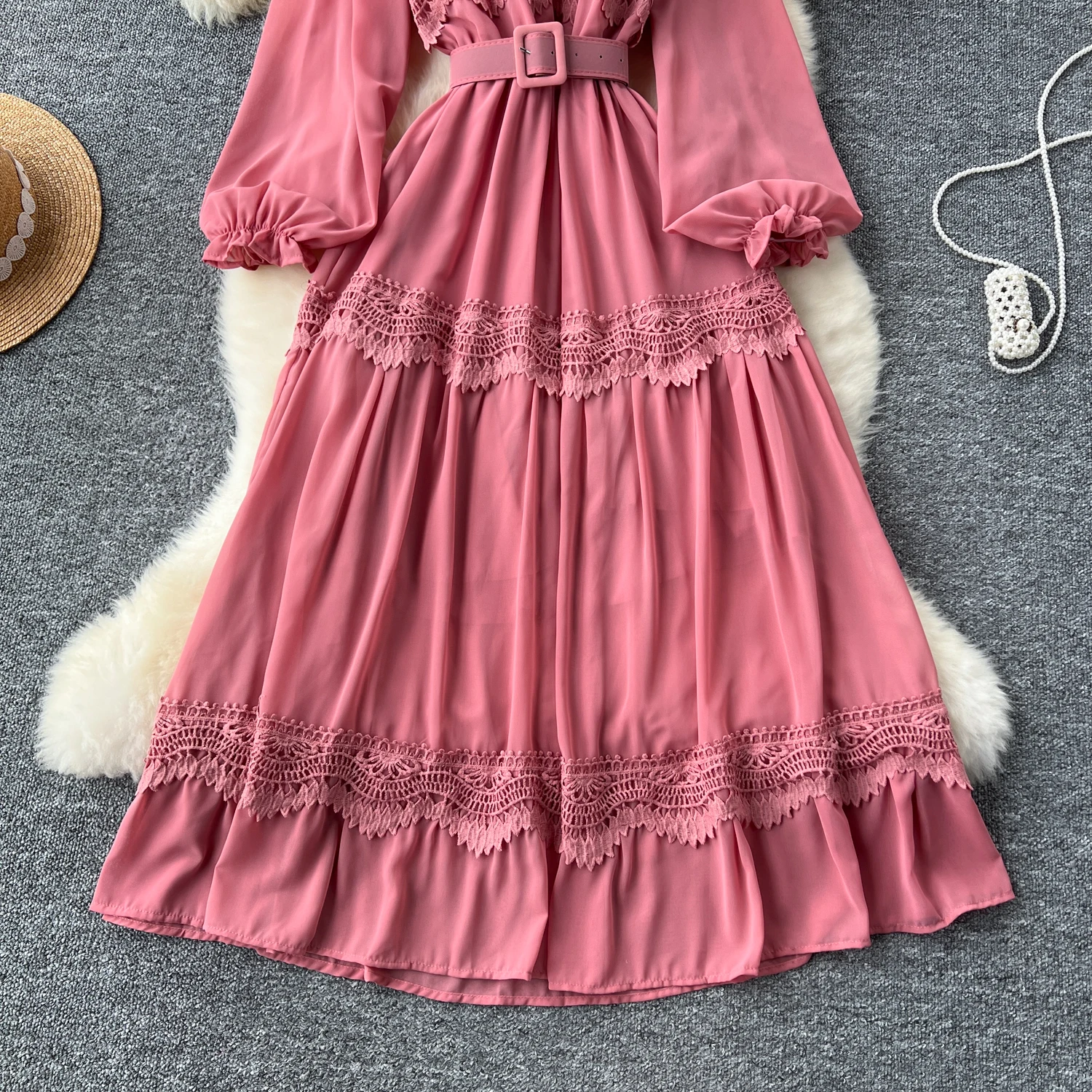 French o neck cut out lace PATCHWORK Lantern Sleeve korean fashion dress women\'s summer waist sweet dresses