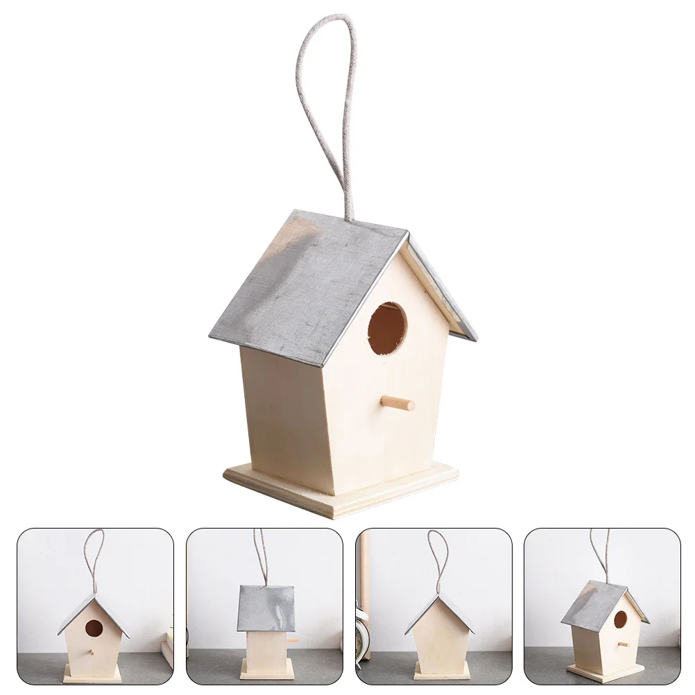 

Wooden Bird House for Backyard Garden Decorative Feeder with Rope Natural Wood Small Birds Nesting Cage Home Adornment