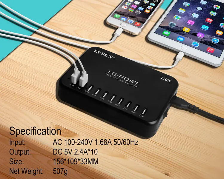 Imagem -04 - Porta Usb Carregador para Ipad Iphone 11 10 Galáxia Xiaomi Matebook Htc Moto Lvsun v 24a Alta Velocidade Universal Desktop 120w 10