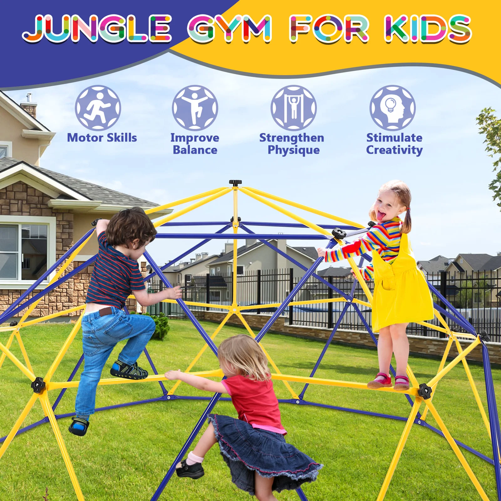 10FT Outdoor Climbing Dome Jungle Gym with Hammock and Swing Supports 1000lbs Outdoor Climbing Toys for Kids Ages 4-8