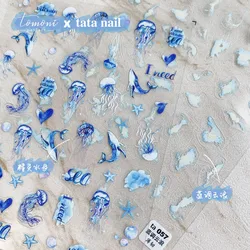 Blue Embossed Jellyfish Ocean Nail Art Sticker Self Adhesive Marine Life Whale Nail Decals Manicure DIY Supplies Nails Slider