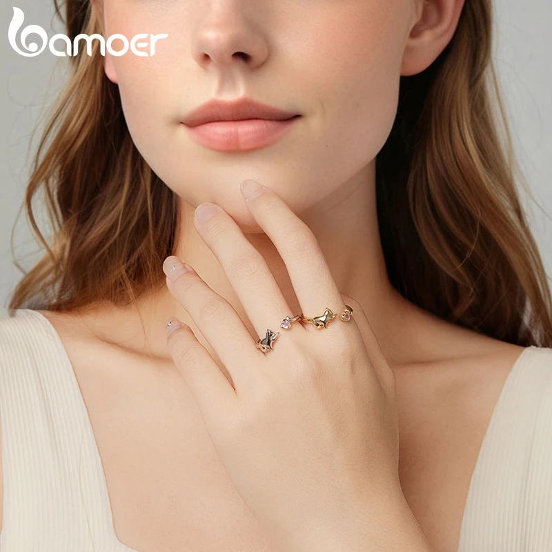 

Кольцо Bamoer из стерлингового серебра 925 пробы с милым котом, уникальное кольцо в форме сердца с цирконом, регулируемое, для любителей животных, подарок-украшение